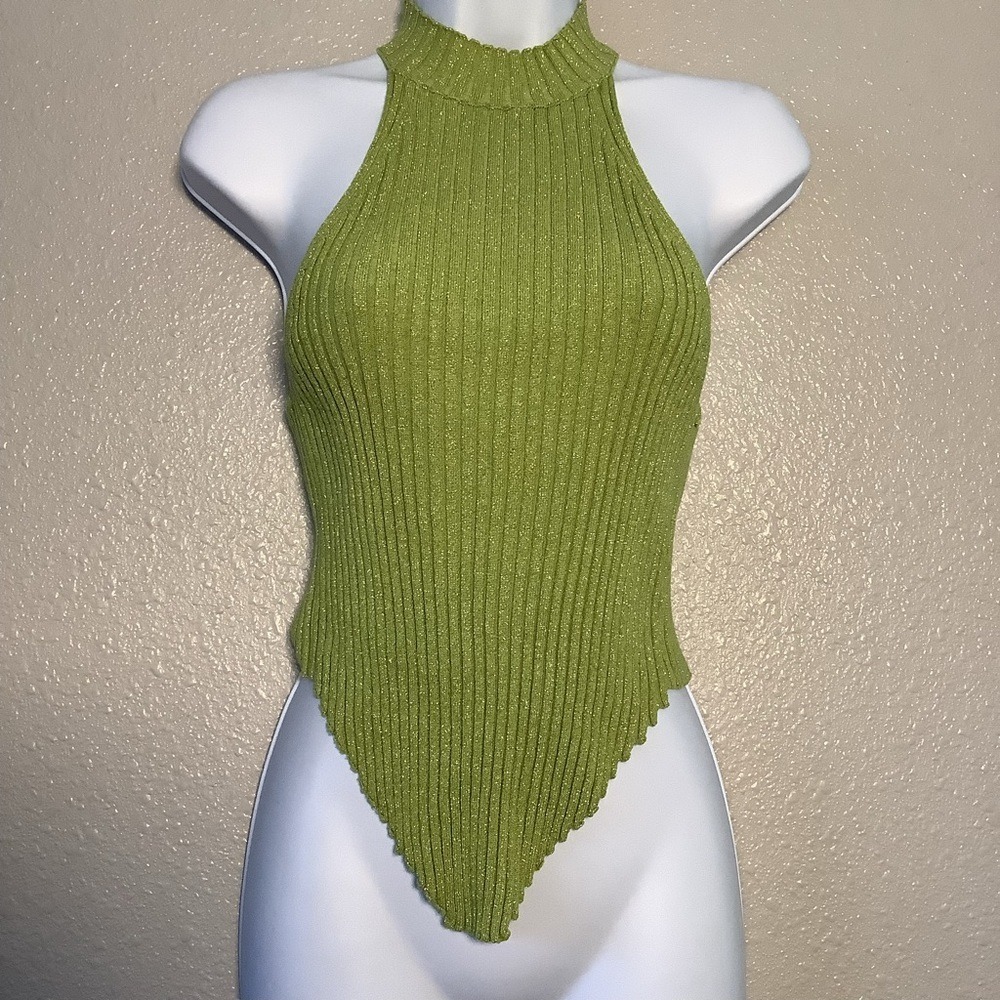 Y2K Green Knit Halter Neck‎ M Sparkle Fairy Festival Club Rave Concert Ribbed